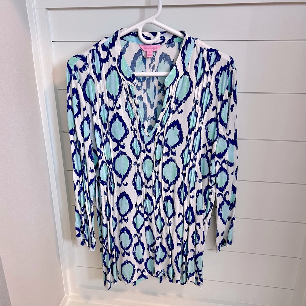 Lilly Pulitzer Aqua and White Patterned Women's Swim Cover-Up